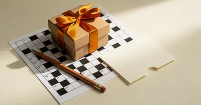 Eine verpackte Geschenkbox mit orangefarbener Schleife liegt auf einem gedruckten Kreuzworträtsel, daneben ein Bleistift und eine kleine unbeschriftete Karte auf cremefarbenem Papier.