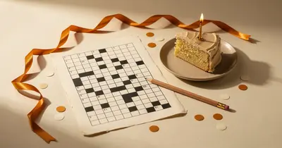 Ein gedrucktes Kreuzworträtsel auf cremefarbenem Papier neben einem Stück Geburtstagskuchen mit brennender Kerze, orangefarbenen Bändern und Papierkonfetti.