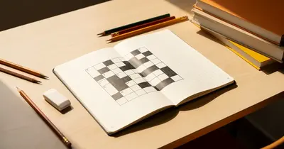 Un quaderno italiano a quadretti con un cruciverba vuoto, matite colorate e una gomma su un banco scolastico di legno.