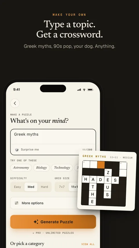 Create: type a topic, get a crossword